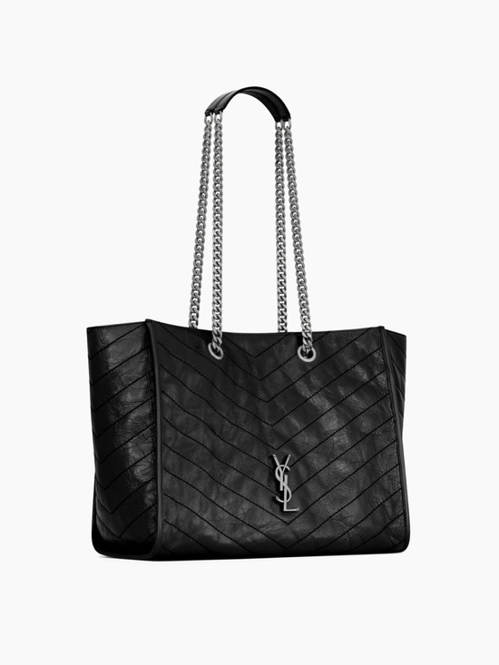 Yves Saint Laurent Handbags - Yves Saint Laurent Black Quilted Chevron Leather Tote with Silver Chain Nikki